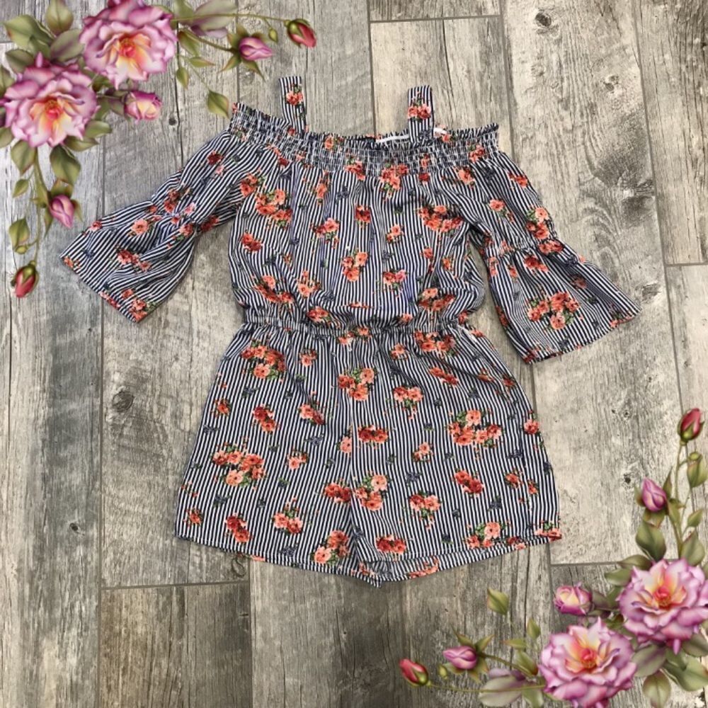 Cute cold shoulder striped and floral romper